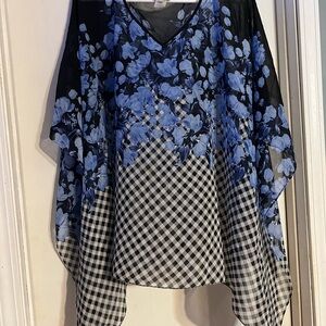 Talbots Blue Floral and Black Checkered Women’s 2x/3x Blouse Top Shirt